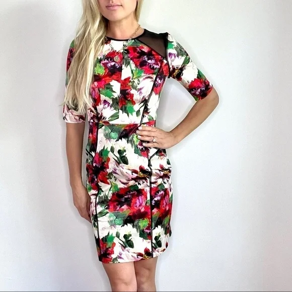 Milly New York Floral Sheath Dress with Mesh Inset & Piping - Picture 6 of 16